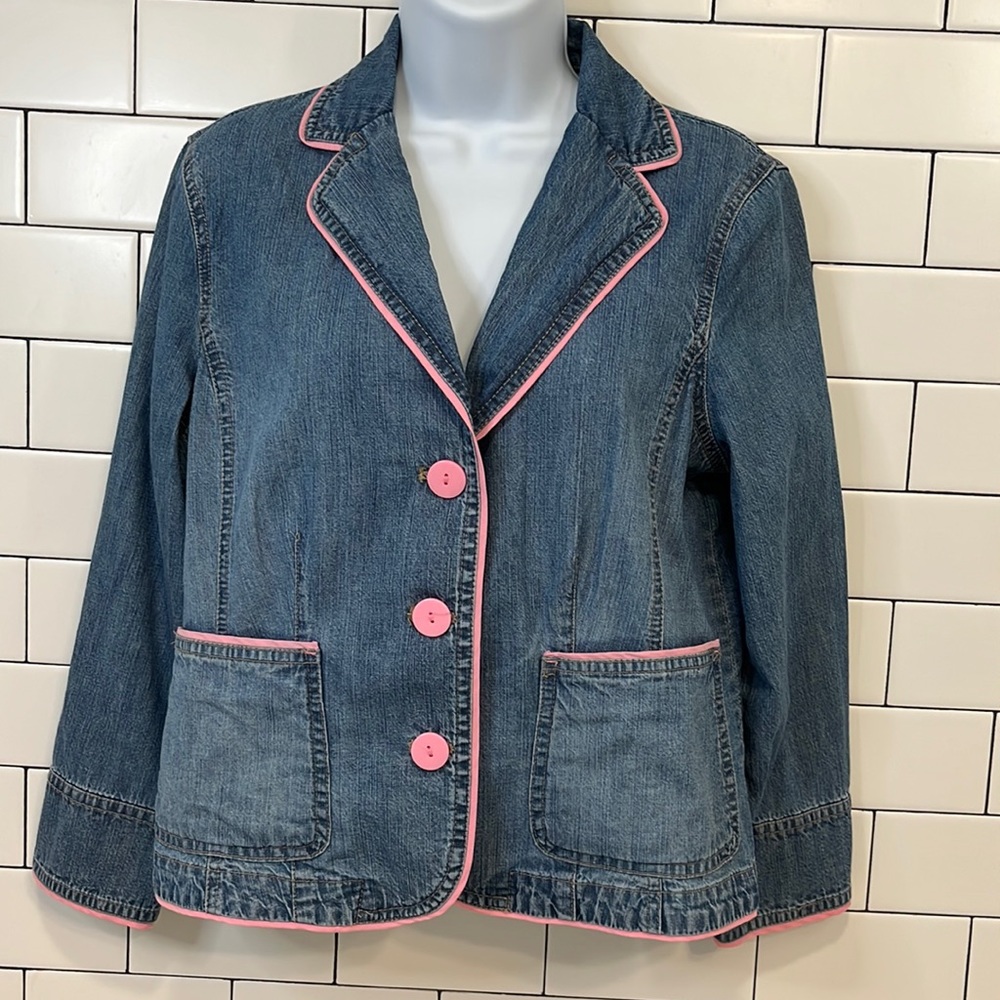 Vintage Sigrid Olsen, three button denim blazer with pink piping